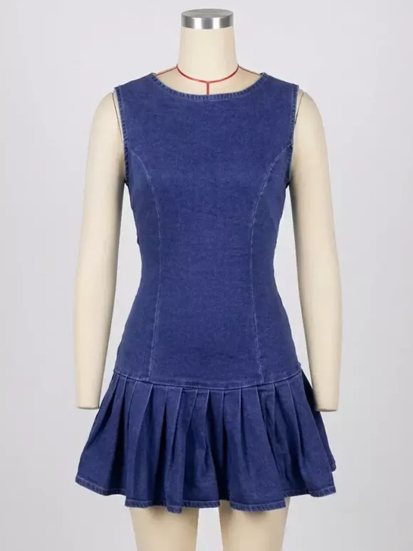 Robe mini en jean plissée sans manches pour femme - Dos nu sexy découpe et n艙ud coupe slim - Style streetwear été plage 2026