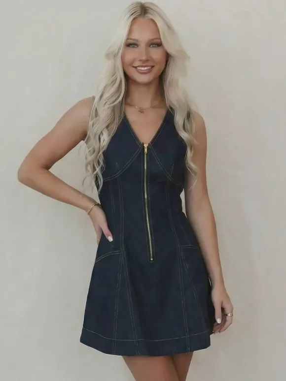 Robe mini en jean sans manches pour femme - Robe d'été bleu foncé style western avec fermeture éclair sur le devant et coupe ajustée - Festival de musique d'été 2026