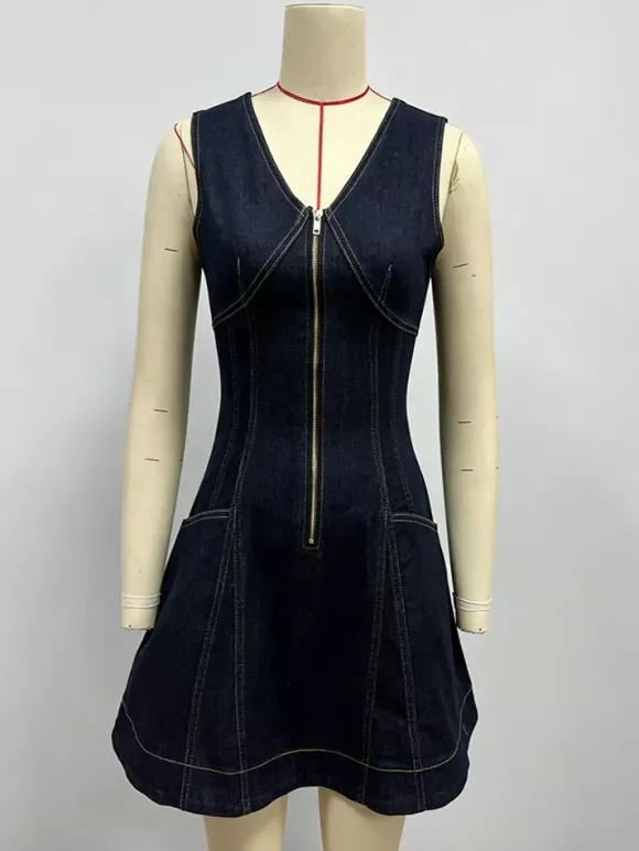 Robe mini en jean sans manches pour femme - Robe d'été bleu foncé style western avec fermeture éclair sur le devant et coupe ajustée - Festival de musique d'été 2026