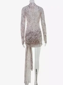 Robe mini en résille imprimé léopard pour femme - Col montant manches longues traîne drapée coupe moulante - Idéale pour une soirée en boîte au printemps 2026