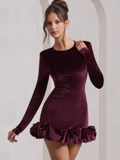 Robe mini en velours élégante avec ourlet à volants robe moulante à manches longues pour femmes 2026