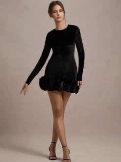 Robe mini en velours élégante avec ourlet à volants robe moulante à manches longues pour femmes 2026