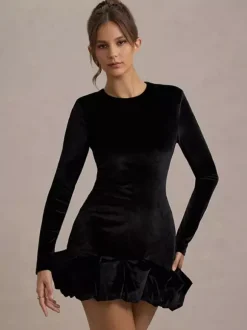 Robe mini en velours élégante avec ourlet à volants robe moulante à manches longues pour femmes 2026