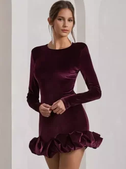 Robe mini en velours élégante avec ourlet à volants robe moulante à manches longues pour femmes 2026