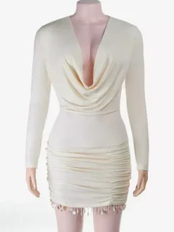 Robe mini froncée à col bénitier pour femme - Crème sexy manches longues franges moulante - Cocktail de printemps 2026