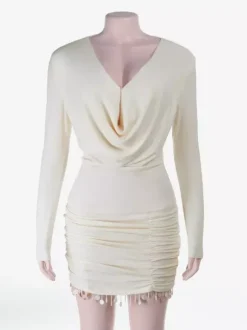 Robe mini froncée à col bénitier pour femme - Crème sexy manches longues franges moulante - Cocktail de printemps 2026