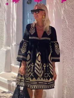 Robe mini imprimée bohème pour femme - Robe tunique ample à col en V et manches cloche style babydoll noire ethnique - Collection été 2026