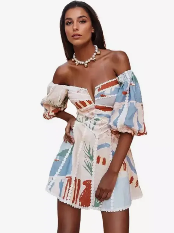Robe mini imprimée épaules dénudées pour femme - Manches bouffantes col en V bordure en dentelle coupe évasée - Idéale pour une fête d'été à la plage 2026