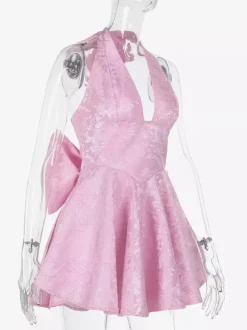 Robe mini Jacquard Coquette pour femme - Dos lacé avec grand n艙ud et col halter - Tenues de fête d'anniversaire d'été 2026