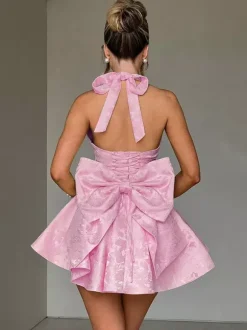 Robe mini Jacquard Coquette pour femme - Dos lacé avec grand n艙ud et col halter - Tenues de fête d'anniversaire d'été 2026
