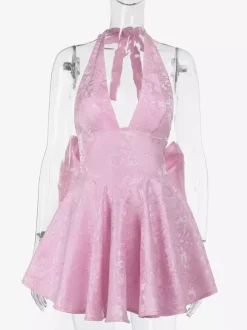 Robe mini Jacquard Coquette pour femme - Dos lacé avec grand n艙ud et col halter - Tenues de fête d'anniversaire d'été 2026