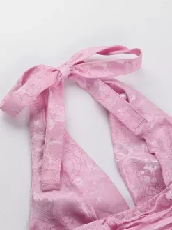 Robe mini Jacquard Coquette pour femme - Dos lacé avec grand n艙ud et col halter - Tenues de fête d'anniversaire d'été 2026