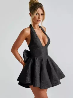 Robe mini Jacquard Coquette pour femme - Dos lacé avec grand n艙ud et col halter - Tenues de fête d'anniversaire d'été 2026