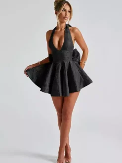 Robe mini Jacquard Coquette pour femme - Dos lacé avec grand n艙ud et col halter - Tenues de fête d'anniversaire d'été 2026