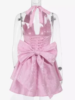 Robe mini Jacquard Coquette pour femme - Dos lacé avec grand n艙ud et col halter - Tenues de fête d'anniversaire d'été 2026