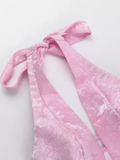 Robe mini Jacquard Coquette pour femme - Dos lacé avec grand n艙ud et col halter - Tenues de fête d'anniversaire d'été 2026