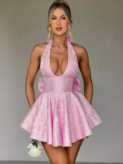 Robe mini Jacquard Coquette pour femme - Dos lacé avec grand n艙ud et col halter - Tenues de fête d'anniversaire d'été 2026