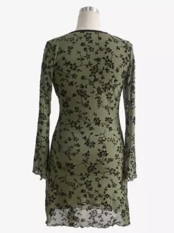 Robe mini vintage à col en V imprimé floral floqué manches évasées pour femme 2026