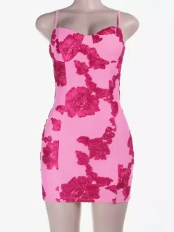 Robe moulante à bretelles spaghetti et motifs floraux pour femme - Mini-robe sexy - Tenue idéale pour une soirée d'été en club (collection 2026)