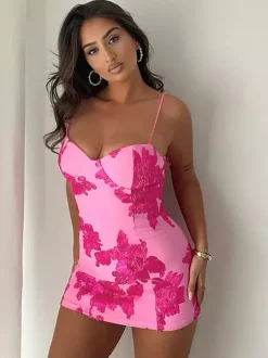 Robe moulante à bretelles spaghetti et motifs floraux pour femme - Mini-robe sexy - Tenue idéale pour une soirée d'été en club (collection 2026)