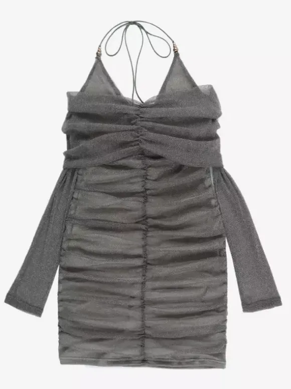 Robe moulante à paillettes et fronces pour femme - Mini-robe dos nu en résille à épaules dénudées - Tenue de soirée printanière 2026