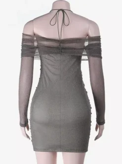 Robe moulante à paillettes et fronces pour femme - Mini-robe dos nu en résille à épaules dénudées - Tenue de soirée printanière 2026