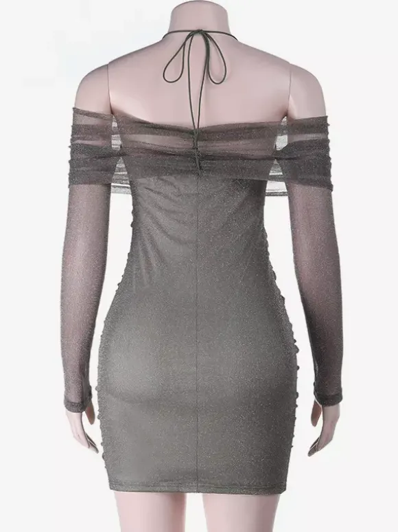 Robe moulante à paillettes et fronces pour femme - Mini-robe dos nu en résille à épaules dénudées - Tenue de soirée printanière 2026