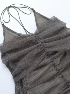 Robe moulante à paillettes et fronces pour femme - Mini-robe dos nu en résille à épaules dénudées - Tenue de soirée printanière 2026