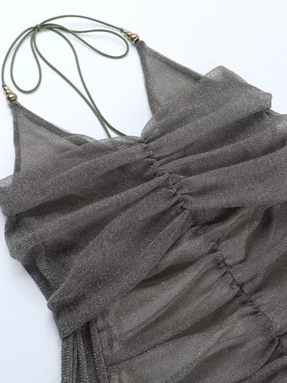 Robe moulante à paillettes et fronces pour femme - Mini-robe dos nu en résille à épaules dénudées - Tenue de soirée printanière 2026