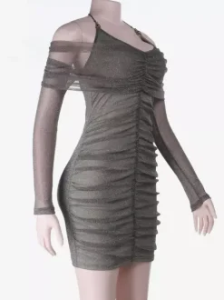 Robe moulante à paillettes et fronces pour femme - Mini-robe dos nu en résille à épaules dénudées - Tenue de soirée printanière 2026