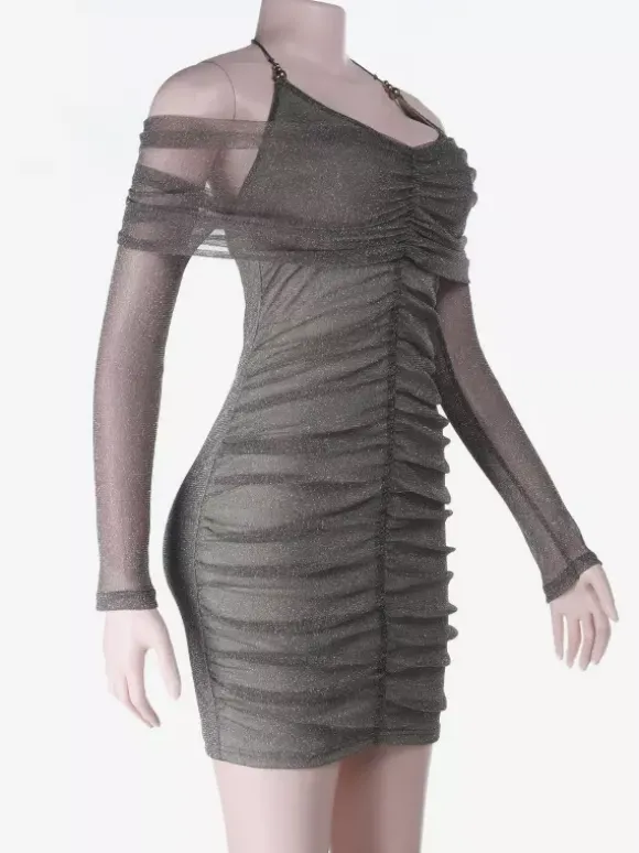 Robe moulante à paillettes et fronces pour femme - Mini-robe dos nu en résille à épaules dénudées - Tenue de soirée printanière 2026