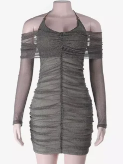Robe moulante à paillettes et fronces pour femme - Mini-robe dos nu en résille à épaules dénudées - Tenue de soirée printanière 2026