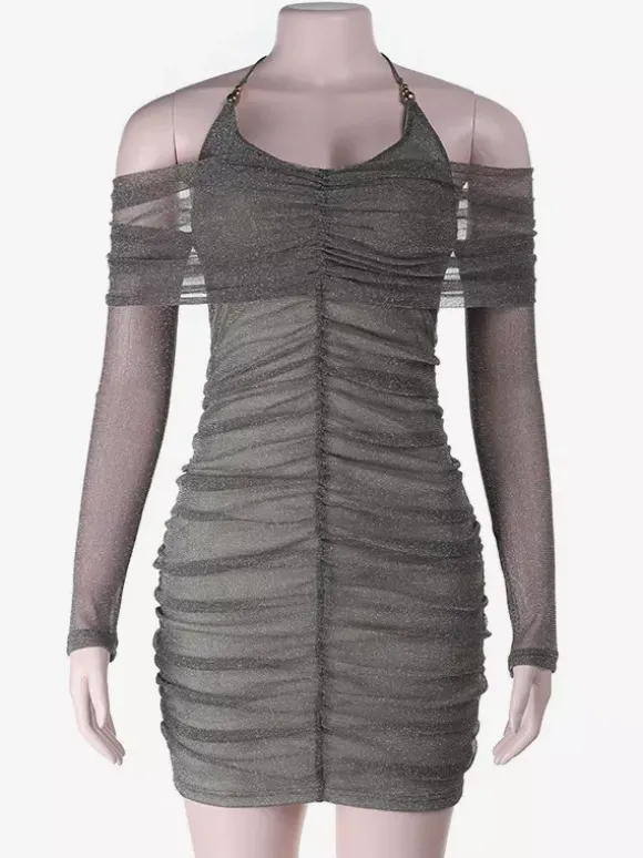 Robe moulante à paillettes et fronces pour femme - Mini-robe dos nu en résille à épaules dénudées - Tenue de soirée printanière 2026