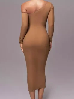 Robe moulante abricot bicolore manches longues plissée chic robe midi à une épaule robe fourreau