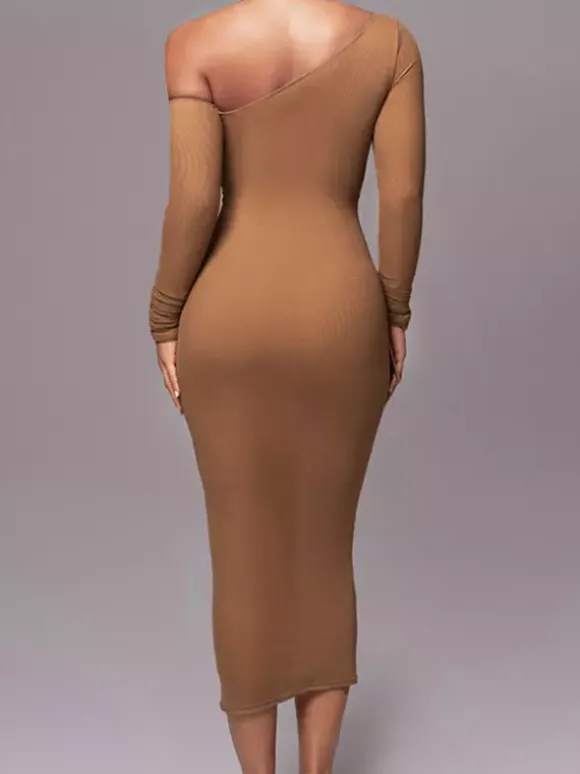 Robe moulante abricot bicolore manches longues plissée chic robe midi à une épaule robe fourreau