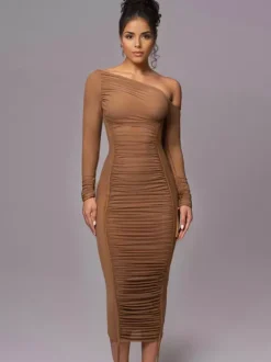 Robe moulante abricot bicolore manches longues plissée chic robe midi à une épaule robe fourreau