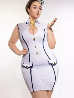 Robe moulante blanche grande taille d'hôtesse de l'air avec bordure bleu marine et tulle transparent tenue d'Halloween