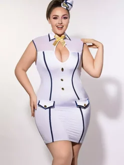 Robe moulante blanche grande taille d'hôtesse de l'air avec bordure bleu marine et tulle transparent tenue d'Halloween