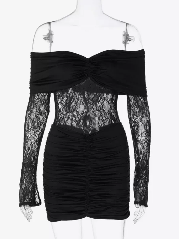 Robe moulante en dentelle patchwork pour femme - Robe mini sexy à épaules dénudées manches longues et froncée - Tenue de soirée printanière 2026