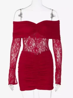 Robe moulante en dentelle patchwork pour femme - Robe mini sexy à épaules dénudées manches longues et froncée - Tenue de soirée printanière 2026