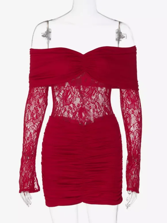 Robe moulante en dentelle patchwork pour femme - Robe mini sexy à épaules dénudées manches longues et froncée - Tenue de soirée printanière 2026
