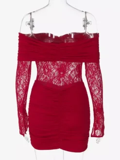 Robe moulante en dentelle patchwork pour femme - Robe mini sexy à épaules dénudées manches longues et froncée - Tenue de soirée printanière 2026