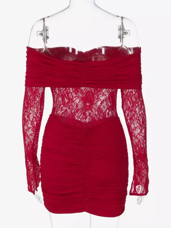 Robe moulante en dentelle patchwork pour femme - Robe mini sexy à épaules dénudées manches longues et froncée - Tenue de soirée printanière 2026