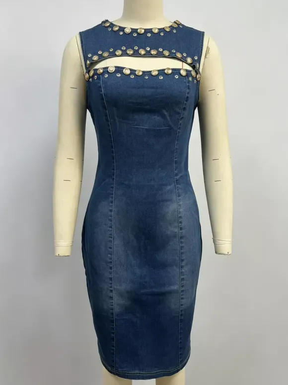 Robe moulante en jean découpée pour femme - Robe fourreau midi bleue sans manches à clous coupe ajustée - Tenue de soirée estivale 2026