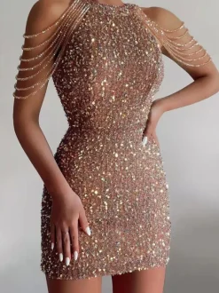 Robe Moulante en Paillettes avec Bretelles Coupe Cintrée Unicolore