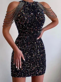 Robe Moulante en Paillettes avec Bretelles Coupe Cintrée Unicolore