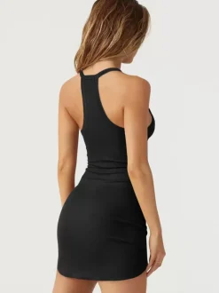 Robe moulante marron café sans manches sexy col en U robe ajustée robe fourreau