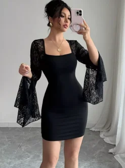 Robe moulante mini à col carré manches longues évasées en dentelle collection femme 2026