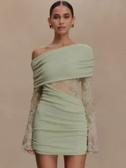 Robe moulante mini à épaules dénudées manches longues et froncée en dentelle pour femme 2026