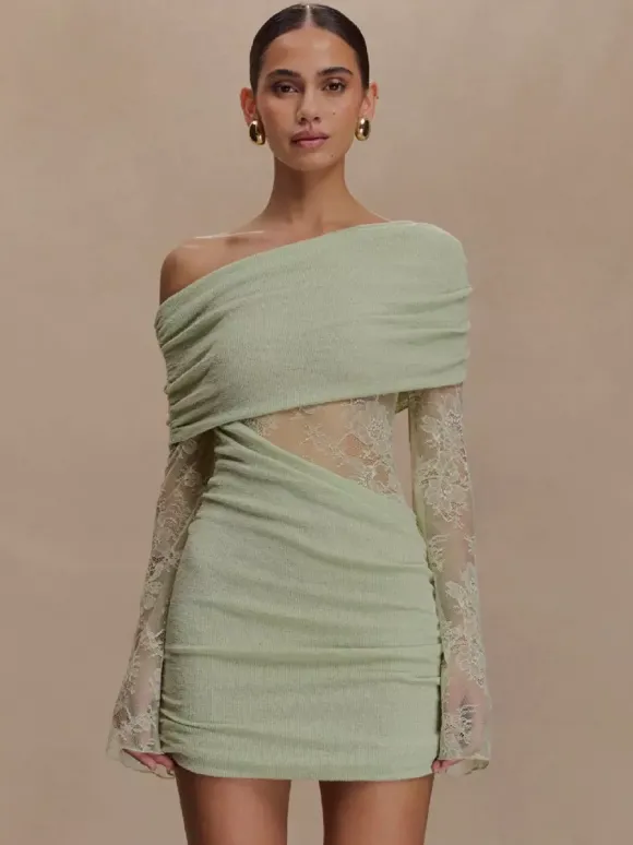 Robe moulante mini à épaules dénudées manches longues et froncée en dentelle pour femme 2026